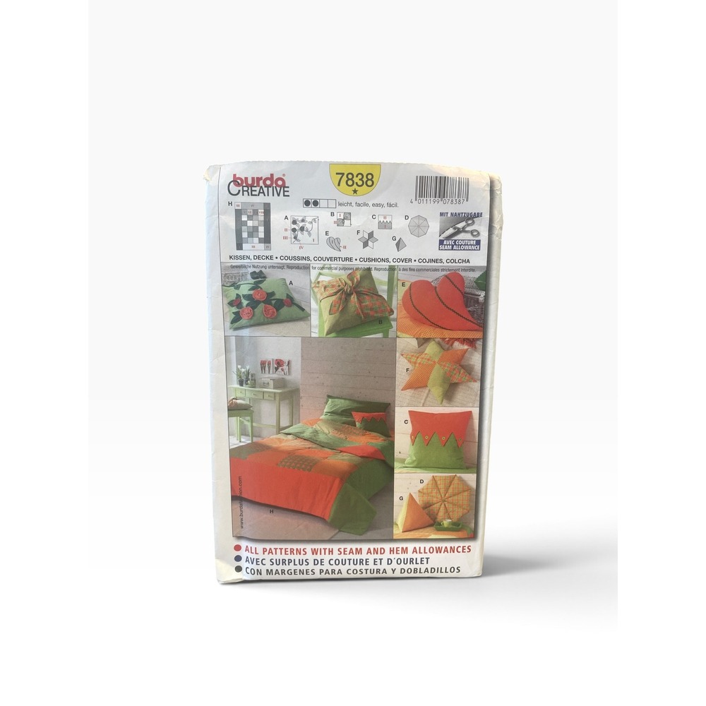 Burda 7838 Sewing Pattern Unisex Cushions Pillows Bed Cover Uncut